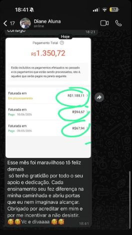 Print de comissão de R$ 1.350,72 recebida por aluna