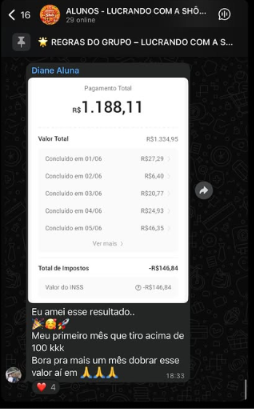 Print de pagamento total de R$ 1.188,11 de aluna