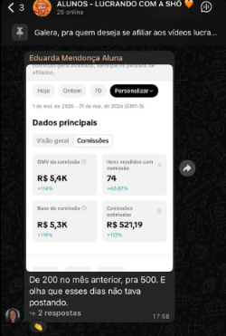 Painel de aluna mostrando R$ 5,4 mil em comissões