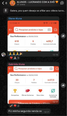 Prints de alunas com primeiras vendas e comissões